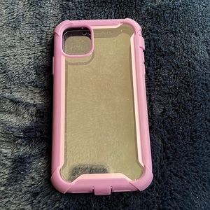iPhone 11 purple/clear protective case. Plastic screen cover, two piece set.